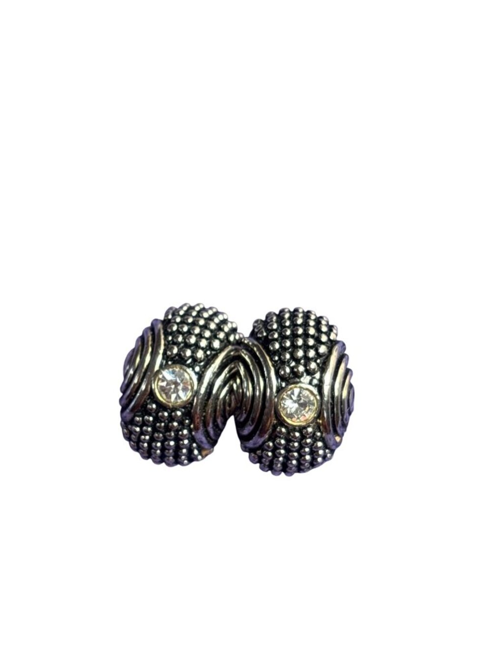Vintage Silvertone Textured Clip On Earrings Clear Rhinestone 0.75 inch